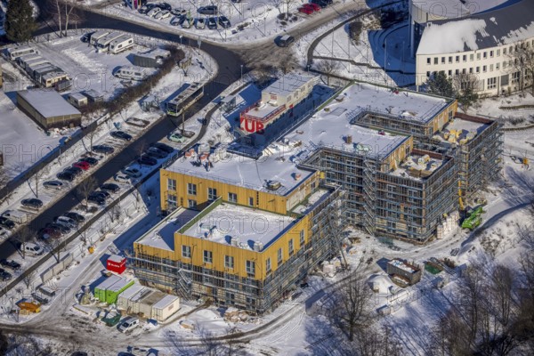 Aerial view, University of Witten / Herdecke, Annen, new campus extension in timber construction, Witten, Ruhr area, North Rhine-Westphalia, Germany, Alfred-Herrhausen-Straße, education, educational institution, DE, Europe, university, aerial view, aerial photography, aerial photography, snow, overview, university, bird's eye view, winter, onset of winter, birds-eyes view, overview
