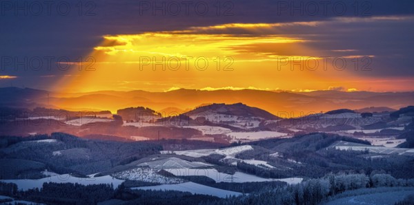 Aerial view of the sunset with a view over the snowy winter landscape from Winterberg to the Bergisches Land in Sauerland in North Rhine-Westphalia, Germany, Sauerland, Europe, aerial view, birds-eyes view, aerial photography, aerial photography, overview, bird's eye view, lockdown, closed winter landscape, corona lockdown, deserted, snow, winter weather, corona-related lockdown