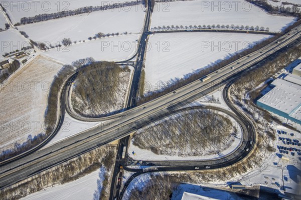 Aerial view, motorway A44 / A448, motorway junction Witten-Annen, Annen, Witten, Ruhr area, North Rhine-Westphalia, Germany, motorway A44, motorway junction, DE, Europe, aerial view, aerial photography, aerial photography, snow, overview, bird's-eye view, winter, onset of winter, birds-eyes view, overview