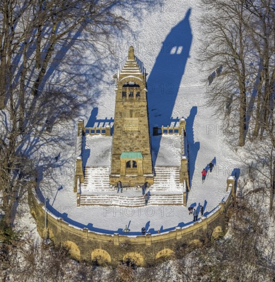 Aerial view, Berger monument on the Hohenstein, Witten, Ruhr area, North Rhine-Westphalia, Germany, viewpoint, observation tower, DE, Europe, aerial view, aerial photography, aerial photography, snow, tower, overview, bird's eye view, winter, winter onset, birds-eyes view, overview