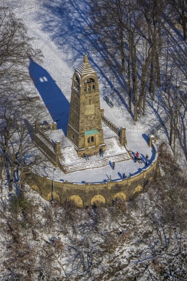 Aerial view, Berger monument on the Hohenstein, Witten, Ruhr area, North Rhine-Westphalia, Germany, viewpoint, observation tower, DE, Europe, aerial view, aerial photography, aerial photography, snow, tower, overview, bird's eye view, winter, winter onset, birds-eyes view, overview