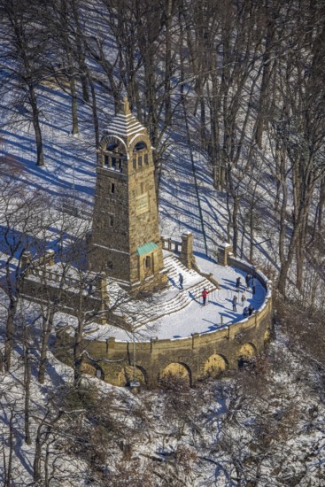 Aerial view, Berger monument on the Hohenstein, Witten, Ruhr area, North Rhine-Westphalia, Germany, viewpoint, observation tower, DE, Europe, aerial view, aerial photography, aerial photography, snow, tower, overview, bird's eye view, winter, winter onset, birds-eyes view, overview