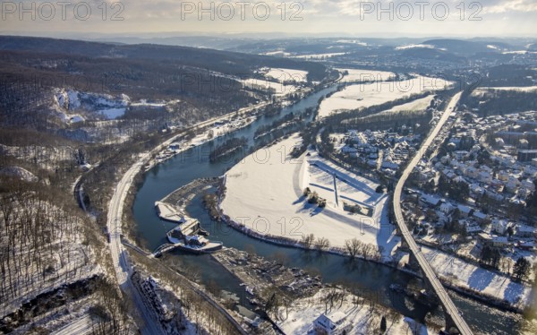 Aerial view, Ruhr river, Ruhr viaduct Witten, Hohenstein hydroelectric power station, Witten, Ruhr area, North Rhine-Westphalia, Germany, bridge, DE, railway bridge, Europe, hilly landscape, aerial view, aerial photography, aerial photography, snow, sight, overview, bird's eye view, winter, winterfall, birds-eyes view, overview