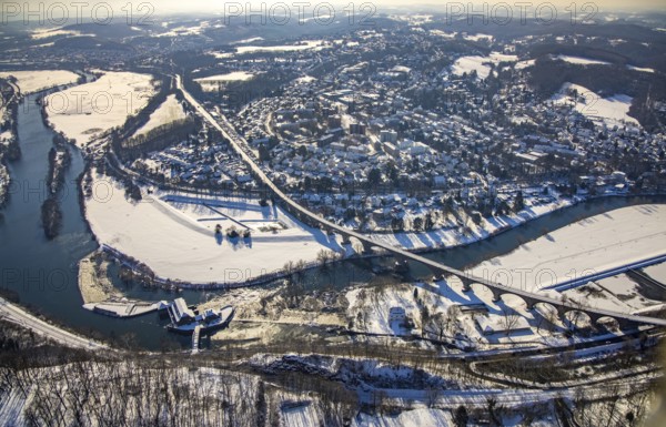 Aerial view, Ruhr river, Ruhr viaduct Witten, Hohenstein hydroelectric power station, Witten, Ruhr area, North Rhine-Westphalia, Germany, bridge, DE, railway bridge, Europe, hilly landscape, aerial view, aerial photography, aerial photography, snow, sight, overview, bird's eye view, winter, winterfall, birds-eyes view, overview