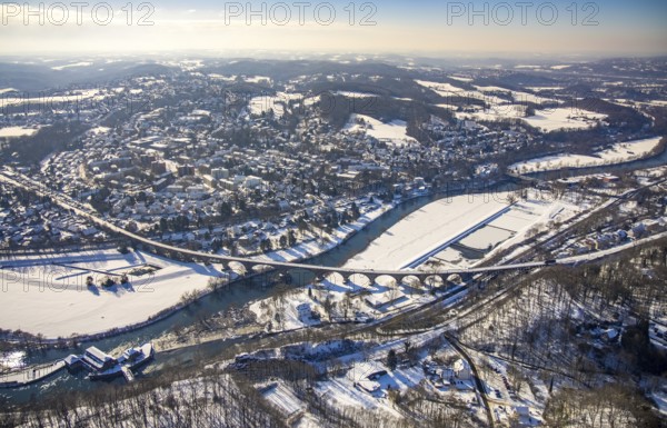 Aerial view, Ruhr river, Ruhr viaduct Witten, Hohenstein hydroelectric power station, Witten, Ruhr area, North Rhine-Westphalia, Germany, bridge, DE, railway bridge, Europe, hilly landscape, aerial view, aerial photography, aerial photography, snow, sight, overview, bird's eye view, winter, winterfall, birds-eyes view, overview