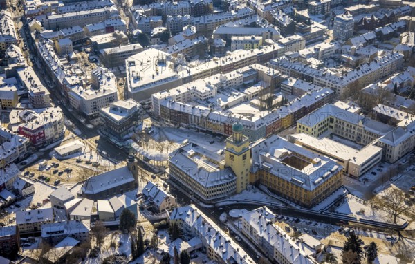 Aerial view, town hall Witten, Johannis-Kirche, market place, Witten, Ruhr area, North Rhine-Westphalia, Germany, authority, city, DE, Europe, city centre, aerial view, aerial photography, aerial photography, town hall, snow, overview, bird's eye view, winter, winter onset, birds-eyes view, overview