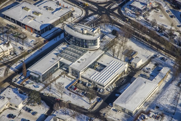 Aerial photo, Stadtwerke Witten, Witten, Ruhr area, North Rhine-Westphalia, Germany, DE, energy supplier, energy provider, Europe, aerial photo, aerial photography, aerial photography, snow, overview, bird's-eye view, Westfalenstraße, winter, onset of winter, birds-eyes view, overview