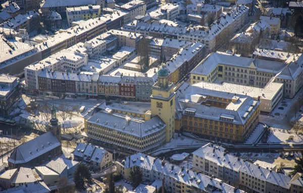 Aerial view, town hall Witten, Johannis-Kirche, market place, Witten, Ruhr area, North Rhine-Westphalia, Germany, authority, city, DE, Europe, city centre, aerial view, aerial photography, aerial photography, town hall, snow, overview, bird's eye view, winter, winter onset, birds-eyes view, overview