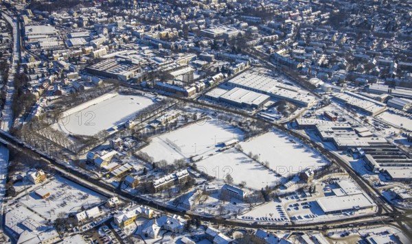 Aerial view, Wullenstadion with side fields, Westfalenstraße, Dortmunder Straße, Witten, Ruhr area, North Rhine-Westphalia, Germany, DE, Europe, football pitch, football stadium, football club, aerial view, aerial photography, aerial photography, Reifenhandel Kessler, snow, sports, sports facilities, sports field, sports facility, stadium, overview, bird's-eye view, winter, onset of winter, birds-eyes view, overview