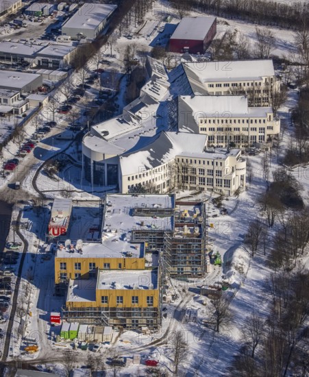 Aerial view, University of Witten / Herdecke, Annen, new campus extension in timber construction, Witten, Ruhr area, North Rhine-Westphalia, Germany, Alfred-Herrhausen-Straße, education, educational institution, DE, Europe, university, aerial view, aerial photography, aerial photography, snow, overview, university, bird's eye view, winter, onset of winter, birds-eyes view, overview