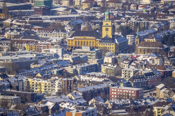 Aerial view, town hall Witten, St. John's Church, Witten, Ruhr area, North Rhine-Westphalia, Germany, place of worship, authority, city, DE, Europe, religious community, place of worship, holy place, city centre, church, parish, denomination, aerial view, aerial photography, aerial photography, town hall, religion, religious site, snow, overview, bird's eye view, winter, winterfall, living and life, birds-eyes view, overview