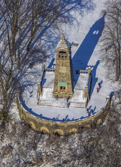 Aerial view, Berger monument on the Hohenstein, Witten, Ruhr area, North Rhine-Westphalia, Germany, viewpoint, observation tower, DE, Europe, aerial view, aerial photography, aerial photography, snow, tower, overview, bird's eye view, winter, winter onset, birds-eyes view, overview