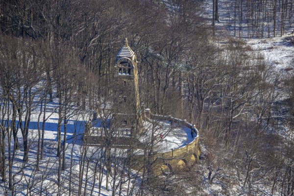 Aerial view, Berger monument on the Hohenstein, Witten, Ruhr area, North Rhine-Westphalia, Germany, viewpoint, observation tower, DE, Europe, aerial view, aerial photography, aerial photography, snow, tower, overview, bird's eye view, winter, winter onset, birds-eyes view, overview