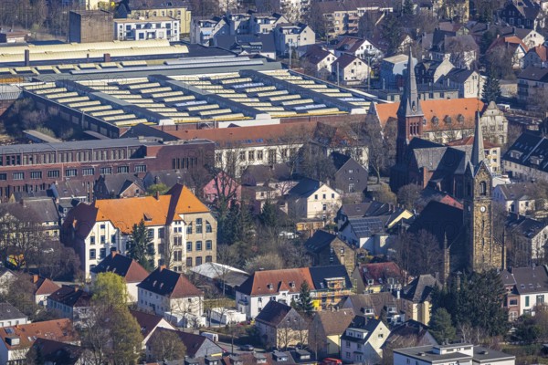 Aerial view, view of Witten-Annen, catholic church St. Joseph, evang. Erlöserkirche, Freiligrathschule, old building Witten Herdecke University, SMS group Maschinenbau, Annen, Witten, Ruhr area, North Rhine-Westphalia, Germany, place of worship, education, educational institution, DE, Europe, commercial enterprises, commercial area, industrial estate, industrial park, commercial site, commercial use, religious community, place of worship, primary school, secondary school, holy place, industrial area, industrial building, industrial site, church, parish, denomination, educational institute, aerial view, aerial photography, aerial photography, religion, religious site, school, overview, bird's-eye view, birds-eyes view, overview