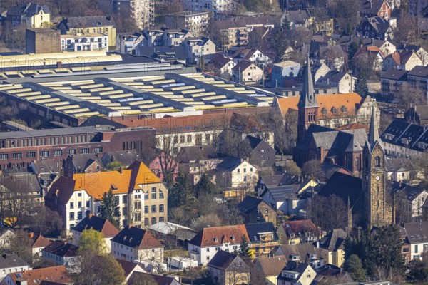 Aerial view, view of Witten-Annen, catholic church St. Joseph, evang. Erlöserkirche, Freiligrathschule, old building Witten Herdecke University, SMS group Maschinenbau, Annen, Witten, Ruhr area, North Rhine-Westphalia, Germany, place of worship, education, educational institution, DE, Europe, commercial enterprises, commercial area, industrial estate, industrial park, commercial site, commercial use, religious community, place of worship, primary school, secondary school, holy place, industrial area, industrial building, industrial site, church, parish, denomination, educational institute, aerial view, aerial photography, aerial photography, religion, religious site, school, overview, bird's-eye view, birds-eyes view, overview