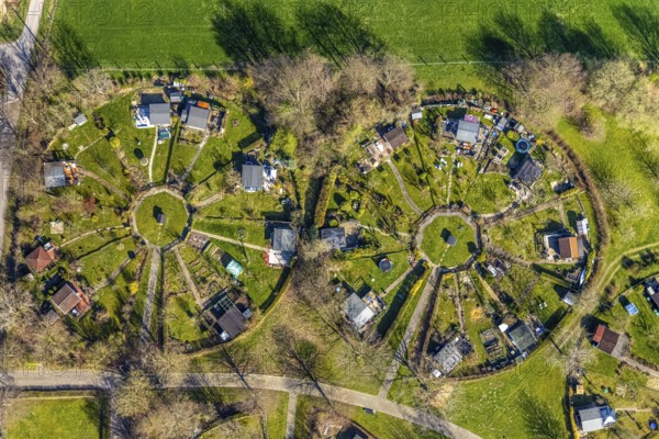 Aerial view, allotment garden association Am Heuweg, Stockum, Witten, Ruhr area, North Rhine-Westphalia, Germany, DE, Europe, shapes and colours, community garden, allotment garden, allotment garden site, allotment garden association, aerial view, aerial photography, aerial photography, allotment garden, overview, bird's-eye view, overview, circles, circular allotment gardens, allotment gardens, green clod