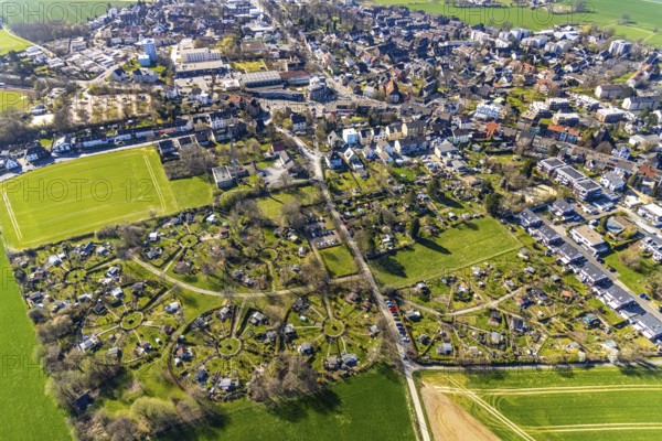 Aerial view, allotment garden association Am Heuweg, Stockum, Witten, Ruhr area, North Rhine-Westphalia, Germany, DE, Europe, shapes and colours, community garden, allotment garden, allotment garden site, allotment garden association, aerial view, aerial photography, aerial photography, allotment garden, overview, bird's-eye view, overview, circles, circular allotment gardens, allotment gardens, green clod
