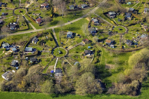 Aerial view, allotment garden association Am Heuweg, Stockum, Witten, Ruhr area, North Rhine-Westphalia, Germany, DE, Europe, shapes and colours, community garden, allotment garden, allotment garden site, allotment garden association, aerial view, aerial photography, aerial photography, allotment garden, overview, bird's-eye view, overview, circles, circular allotment gardens, allotment gardens, green clod