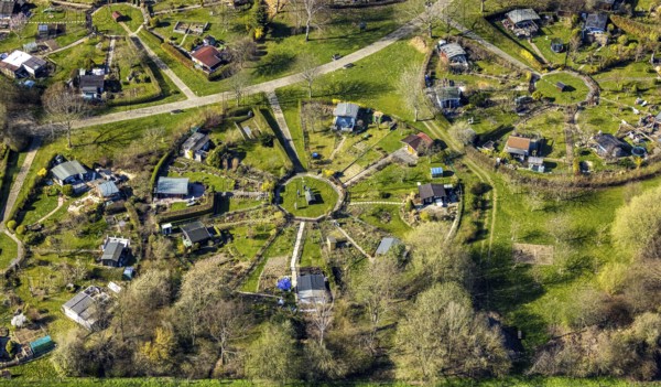 Aerial view, allotment garden association Am Heuweg, Stockum, Witten, Ruhr area, North Rhine-Westphalia, Germany, DE, Europe, shapes and colours, community garden, allotment garden, allotment garden site, allotment garden association, aerial view, aerial photography, aerial photography, allotment garden, overview, bird's-eye view, overview, circles, circular allotment gardens, allotment gardens, green clod