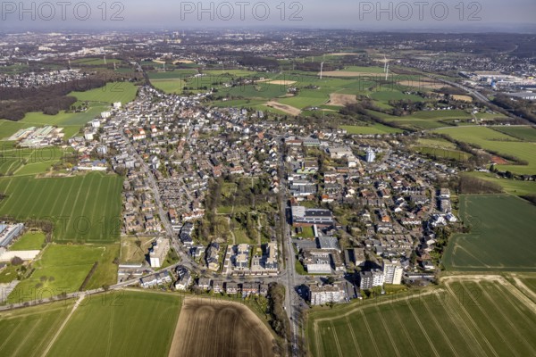 Aerial view, local view Stockum, Düren, Witten, Ruhr area, North Rhine-Westphalia, Germany, DE, Europe, property tax, real estate, aerial view, aerial photography, aerial photography, overview, bird's-eye view, meadows and fields, housing estate, living and living, residential area, residential buildings, quality of living, residential neighbourhood, housing estate, birds-eyes view, overview