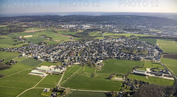 Aerial view, local view Stockum, Düren, Witten, Ruhr area, North Rhine-Westphalia, Germany, DE, Europe, property tax, real estate, aerial view, aerial photography, aerial photography, overview, bird's-eye view, meadows and fields, housing estate, living and living, residential area, residential buildings, quality of living, residential neighbourhood, housing estate, birds-eyes view, overview