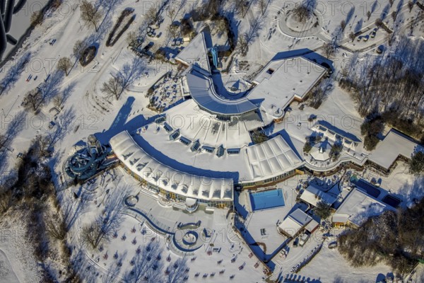Aerial view, Heveney leisure pool, Heven, Witten, Ruhr area, North Rhine-Westphalia, Germany, DE, Europe, leisure, leisure centre, aerial view, aerial photography, aerial photography, sauna, snow, swimming pool, overview, bird's-eye view, water slide, winter, onset of winter, birds-eyes view, overview