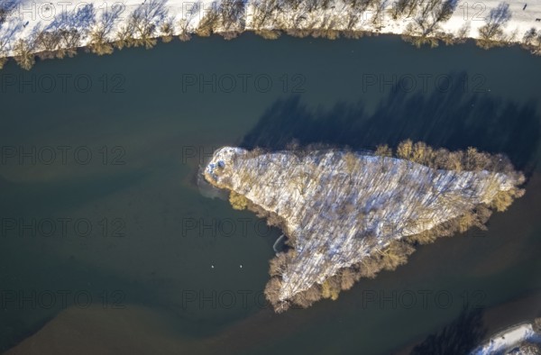 Aerial view, bird island in Lake Kemnader, Ostherbede, Witten, Ruhr area, North Rhine-Westphalia, Germany, DE, Europe, island, aerial view, aerial photography, aerial photography, snow, overview, bird's eye view, winter, winter onset, birds-eyes view, overview