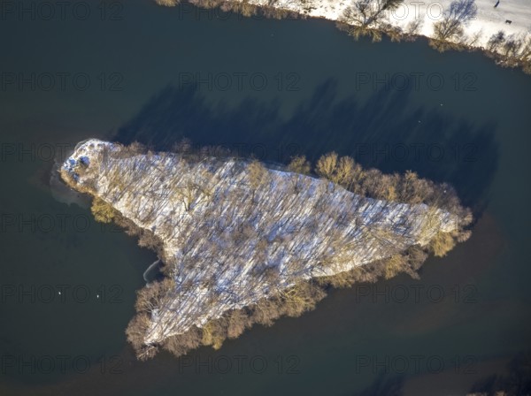 Aerial view, bird island in Lake Kemnader, Ostherbede, Witten, Ruhr area, North Rhine-Westphalia, Germany, DE, Europe, island, aerial view, aerial photography, aerial photography, snow, overview, bird's eye view, winter, winter onset, birds-eyes view, overview