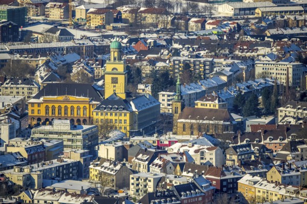 Aerial view, town hall Witten, St. John's Church, Witten, Ruhr area, North Rhine-Westphalia, Germany, place of worship, authority, city, DE, Europe, religious community, place of worship, holy place, city centre, church, parish, denomination, aerial view, aerial photography, aerial photography, town hall, religion, religious site, snow, overview, bird's eye view, winter, winterfall, living and life, birds-eyes view, overview