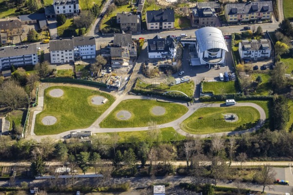 Aerial view, housing estate Marktweg with park, heliport, Rüdinghausen, Witten, Ruhr area, North Rhine-Westphalia, Germany, DE, Europe, Highway Kart Racing GmbH, helicopter, aerial view, aerial photography, aerial photography, overview, bird's-eye view, overview
