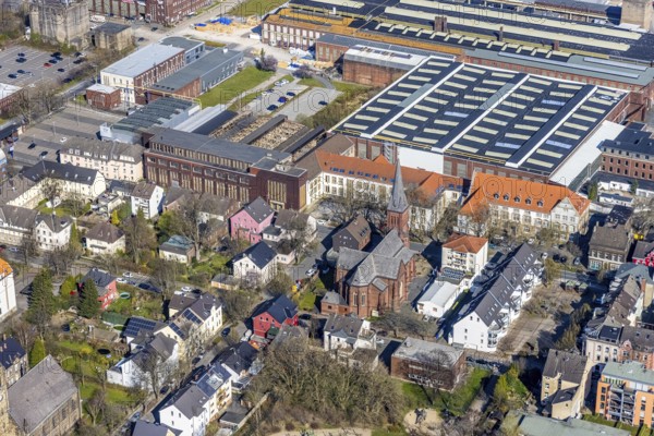 Aerial view, local view Witten-Annen, catholic church St. Joseph, old building, University of Witten Herdecke, SMS group Maschinenbau, Annen, Witten, Ruhr area, North Rhine-Westphalia, Germany, place of worship, DE, Europe, commercial enterprises, commercial area, commercial park, commercial location, commercial use, religious community, place of worship, holy place, industrial area, industrial building, industrial location, church, parish, denomination, aerial photograph, aerial photography, aerial photography, religion, religious site, overview, bird's-eye view, bird's-eye view, overview