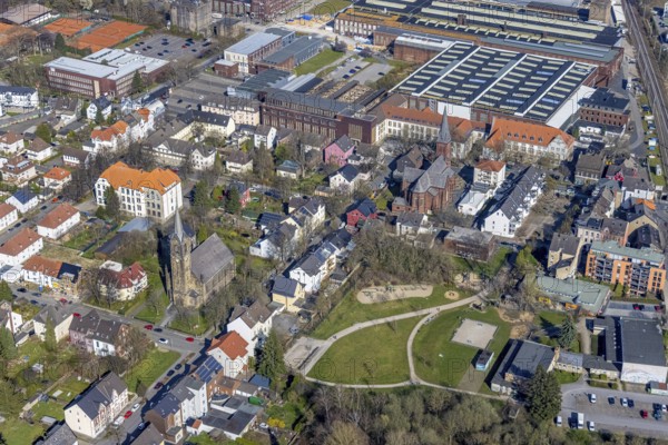 Aerial view, view of Witten-Annen, catholic church St. Joseph, evang. Erlöserkirche, Freiligrathschule, Park der Generationen, old building Witten Herdecke University, SMS group Maschinenbau, Annen, Witten, Ruhr area, North Rhine-Westphalia, Germany, place of worship, education, educational institution, DE, Europe, commercial enterprises, commercial area, industrial estate, industrial park, commercial location, commercial use, religious community, place of worship, primary school, secondary school, holy place, industrial area, industrial building, industrial site, church, parish, denomination, educational institute, aerial view, aerial photography, aerial photography, religion, religious site, school, overview, bird's-eye view, birds-eyes view, overview
