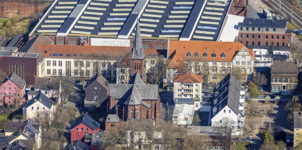 Aerial view, local view Witten-Annen, catholic church St. Joseph, old building, University of Witten Herdecke, SMS group Maschinenbau, Annen, Witten, Ruhr area, North Rhine-Westphalia, Germany, place of worship, DE, Europe, commercial enterprises, commercial area, commercial park, commercial location, commercial use, religious community, place of worship, holy place, industrial area, industrial building, industrial location, church, parish, denomination, aerial photograph, aerial photography, aerial photography, religion, religious site, overview, bird's-eye view, bird's-eye view, overview