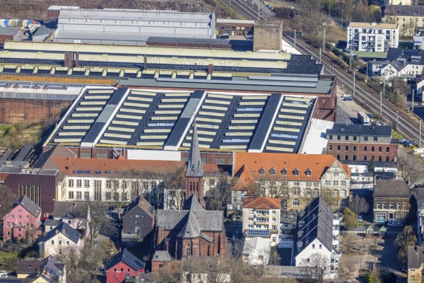 Aerial view, local view Witten-Annen, catholic church St. Joseph, old building, University of Witten Herdecke, SMS group Maschinenbau, Annen, Witten, Ruhr area, North Rhine-Westphalia, Germany, place of worship, DE, Europe, commercial enterprises, commercial area, commercial park, commercial location, commercial use, religious community, place of worship, holy place, industrial area, industrial building, industrial location, church, parish, denomination, aerial photograph, aerial photography, aerial photography, religion, religious site, overview, bird's-eye view, bird's-eye view, overview