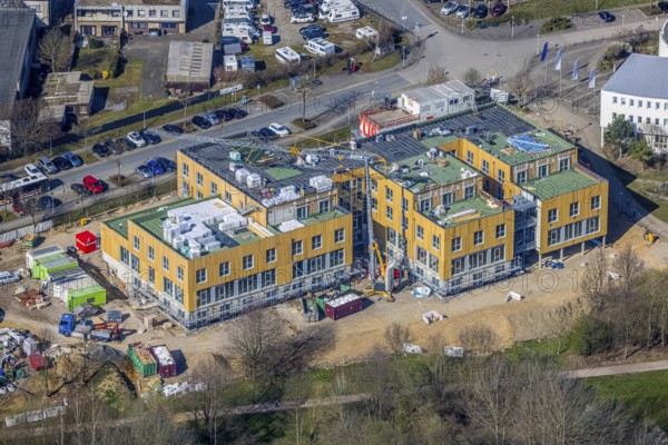 Aerial view, University of Witten / Herdecke, construction site new campus extension in timber construction, Annen, Witten, Ruhr area, North Rhine-Westphalia, Germany, construction work, construction area, building site, building plots, construction project, construction site, DE, Europe, timber construction, aerial photograph, aerial photography, aerial photography, new building, overview, bird's eye view, bird's eye view, overview