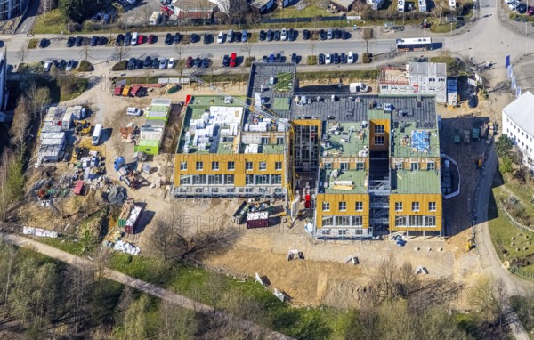 Aerial view, University of Witten / Herdecke, construction site new campus extension in timber construction, Annen, Witten, Ruhr area, North Rhine-Westphalia, Germany, construction work, construction area, building site, building plots, construction project, construction site, DE, Europe, timber construction, aerial photograph, aerial photography, aerial photography, new building, overview, bird's eye view, bird's eye view, overview