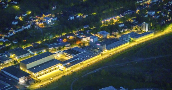 Aerial view, Ardex plant, Rüdinghausen, Witten, Ruhr area, North Rhine-Westphalia, Germany, DE, twilight photography, Europe, Friedrich-Ebert-Straße, commercial enterprises, commercial area, commercial park, commercial location, commercial use, industrial area, industrial building, industrial location, light pollution, aerial photograph, aerial photography, aerial photography, night, night photography, night flight, overview, bird's-eye view, illuminated streets, birds-eyes view, nightflight, overview