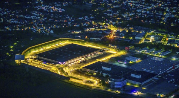 Aerial photo, Amazon logistics centre, Brauckstraße industrial estate, Rüdinghausen, Witten, Ruhr area, North Rhine-Westphalia, Germany, DE, twilight photography, Europe, commercial enterprises, commercial area, commercial location, commercial use, freight traffic, industrial area, industrial building, industrial site, light pollution, logistics, logistics service, logistics service provider, logistics provider, logistics centre, aerial view, aerial photography, aerial photography, night, night shot, night flight, transport service, overview, bird's-eye view, illuminated streets, birds-eyes view, nightflight, overview