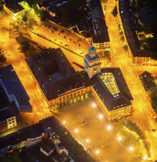 Aerial view, town hall and town hall square, Witten, Ruhr area, North Rhine-Westphalia, Germany, authority, DE, twilight photography, Europe, light pollution, aerial photography, aerial photography, night, night photography, night flight, town hall, overview, bird's eye view, illuminated streets, birds-eyes view, nightflight, overview