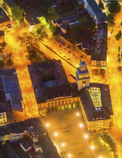 Aerial view, town hall and town hall square, Witten, Ruhr area, North Rhine-Westphalia, Germany, authority, DE, twilight photography, Europe, light pollution, aerial photography, aerial photography, night, night photography, night flight, town hall, overview, bird's eye view, illuminated streets, birds-eyes view, nightflight, overview