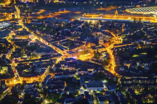 Aerial view, town hall and town hall square, St John's Church, Witten, Ruhr area, North Rhine-Westphalia, Germany, place of worship, authority, DE, twilight photography, Europe, religious community, place of worship, holy place, church, parish, denomination, light pollution, aerial view, aerial photography, aerial photography, night, night photography, night flight, town hall, religion, religious site, overview, bird's eye view, illuminated streets, birds-eyes view, nightflight, overview