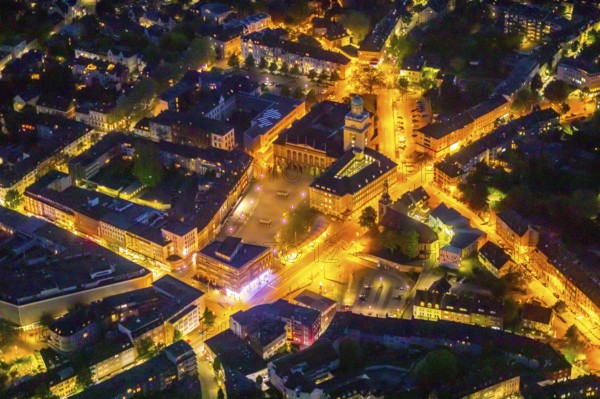 Aerial view, town hall and town hall square, St John's Church, Witten, Ruhr area, North Rhine-Westphalia, Germany, place of worship, authority, DE, twilight photography, Europe, religious community, place of worship, holy place, church, parish, denomination, light pollution, aerial view, aerial photography, aerial photography, night, night photography, night flight, town hall, religion, religious site, overview, bird's eye view, illuminated streets, birds-eyes view, nightflight, overview
