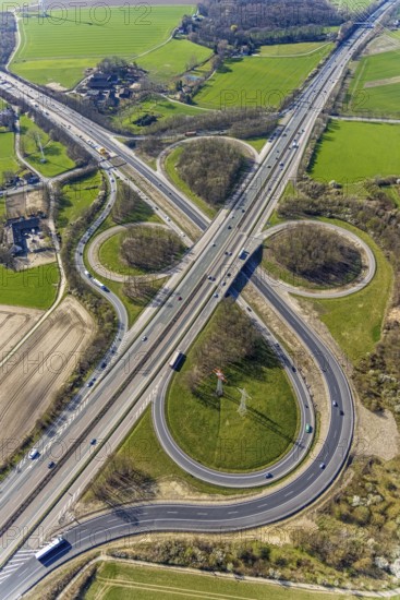 Aerial view, construction site renewal motorway junction Dortmund Witten, Persebeck, Dortmund, Ruhr area, North Rhine-Westphalia, Germany, motorway A44, motorway A45, DE, Europe, aerial view, aerial photography, aerial photography, road traffic, overview, bird's-eye view, meadows and fields, birds-eyes view, overview