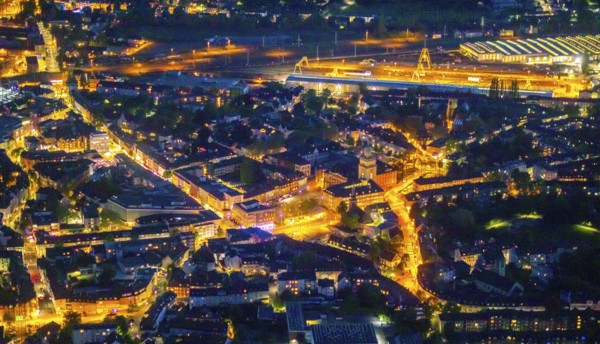 Aerial view, town hall and town hall square, St John's Church, Witten, Ruhr area, North Rhine-Westphalia, Germany, place of worship, authority, DE, twilight photography, Europe, religious community, place of worship, holy place, church, parish, denomination, light pollution, aerial view, aerial photography, aerial photography, night, night photography, night flight, town hall, religion, religious site, overview, bird's eye view, illuminated streets, birds-eyes view, nightflight, overview