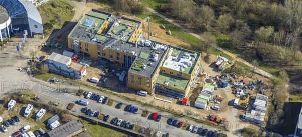 Aerial view, University of Witten / Herdecke, construction site new campus extension in timber construction, Annen, Witten, Ruhr area, North Rhine-Westphalia, Germany, construction work, construction area, building site, building plots, construction project, construction site, DE, Europe, aerial view, aerial photography, aerial photography, new building, overview, bird's-eye view, overview
