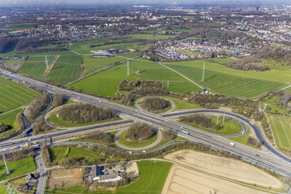 Aerial view, construction site renewal motorway junction Dortmund Witten, housing estate Am Rüggen Dortmund-Barop, Persebeck, Dortmund, Ruhr area, North Rhine-Westphalia, Germany, motorway A44, motorway A45, DE, Europe, property tax, real estate, aerial view, aerial photography, aerial photography, road traffic, overview, bird's-eye view, meadows and fields, housing estate, living and living, residential area, residential buildings, quality of living, residential quarter, housing estate, birds-eyes view, overview