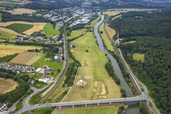 Aerial view, the Ruhr valley between Wetter and Witten, a week ago there was still land under water here - the Ruhr was flooding, course of the Ruhr, Wetter, Ruhr area, North Rhine-Westphalia, Germany, DE, Europe, birds-eyes view, aerial view, aerial photography, aerial photography, overview, bird's eye view