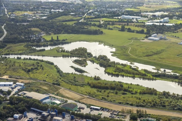 Aerial photograph, renaturalisation of the Lippe estuary in the nature reserve and Büdericher Insel in Wesel, Lower Rhine, North Rhine-Westphalia, Germany, Büdericher Insel, DE, Europe, Lippe floodplain, Lippeverband, aerial photograph, aerial photography, aerial photography, nature reserve Lippemündung, overview, bird's eye view, Wesel, birds-eyes view, overview, renaturalised river, B58 new, Wesel southern bypass, new road construction, new Lippe estuary