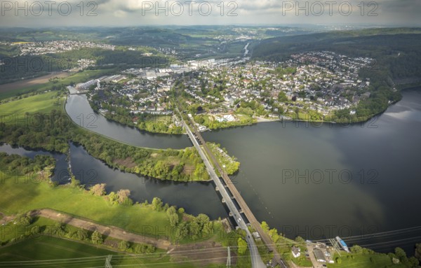 Aerial view, town view Wetter with railway bridge and Obergrabenbrücke Friedrichstraße over the river Ruhr, Wetter, Ruhr area, North Rhine-Westphalia, Germany, bridge, DE, Europe, aerial view, aerial photography, aerial photography, Obergraben, town view, townscape, urban area, overview, bird's-eye view, overview