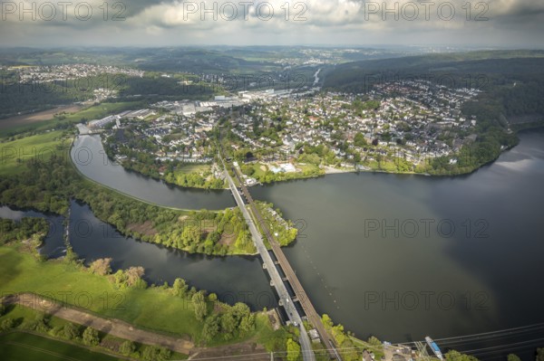 Aerial view, town view Wetter with railway bridge and Obergrabenbrücke Friedrichstraße over the river Ruhr, Wetter, Ruhr area, North Rhine-Westphalia, Germany, bridge, DE, Europe, aerial view, aerial photography, aerial photography, Obergraben, town view, townscape, urban area, overview, bird's-eye view, overview